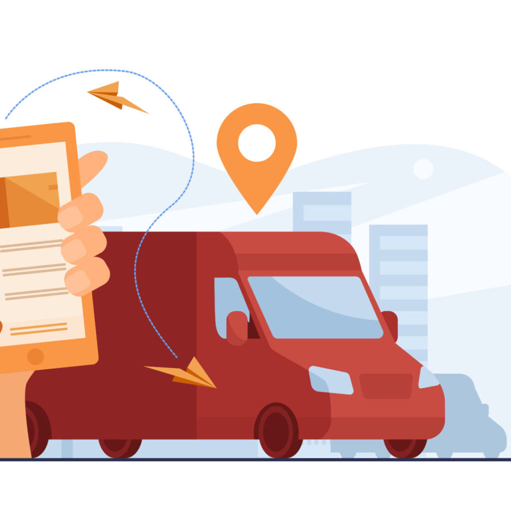 Customer using mobile app for tracking order delivery. Human hand with smartphone and courier van on street with map pointer above. Vector illustration for gps, logistics, service concept